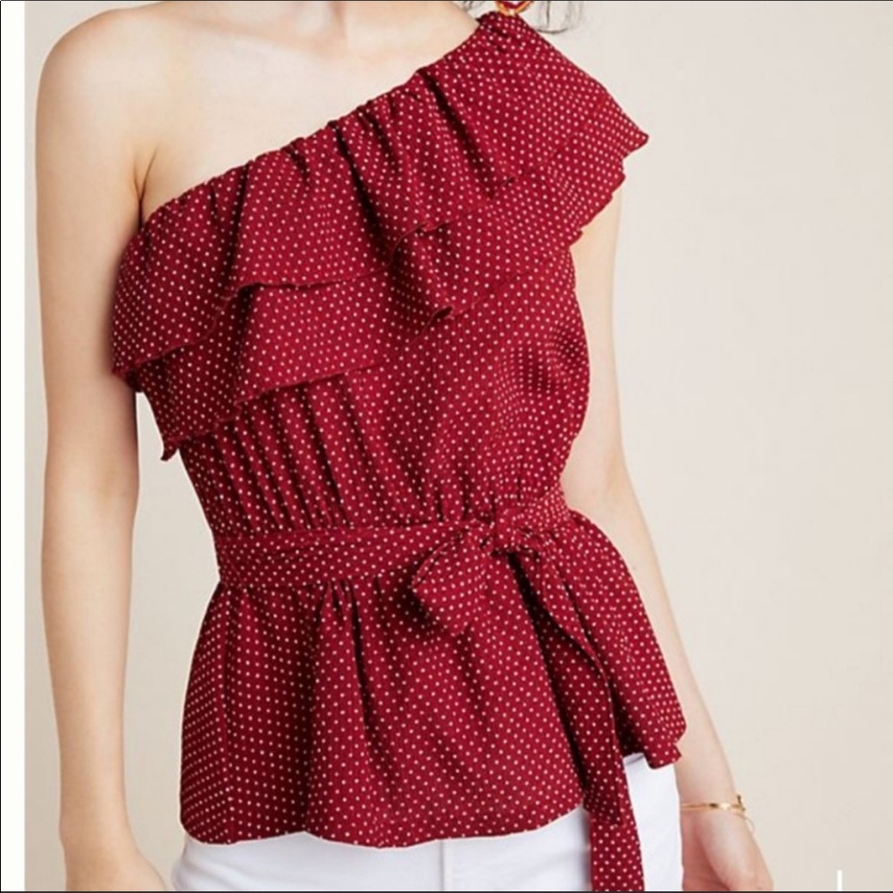 Maeve dark red polka dot one shoulder ruffle top. Small.